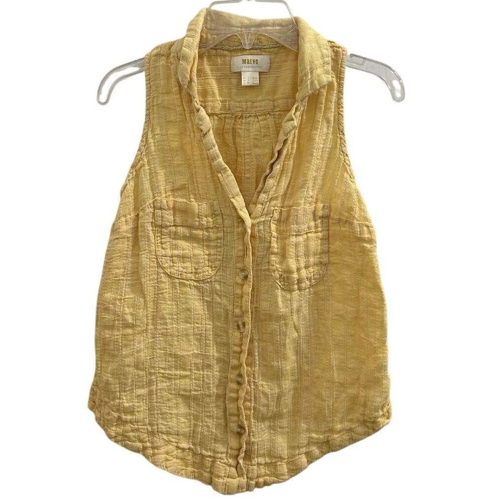 Maeve Anthropologie Butter Yellow Linen Sleeveless Button Up Top Chest Pockets 0